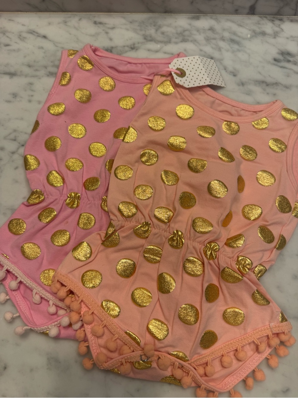 Girls' Pink & Peach with gold polka Dot, Pom-Trim rompers (set of 2)